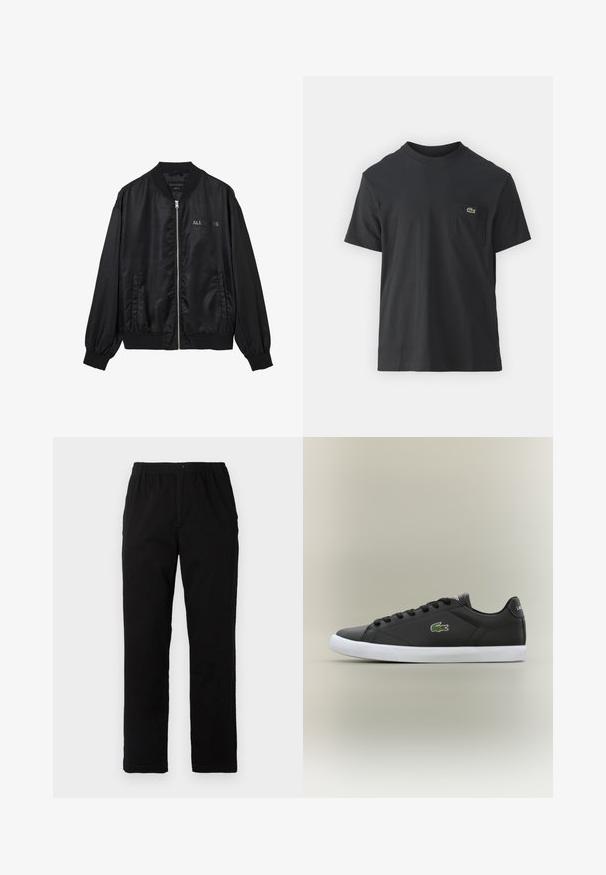 Juoda satino bomber tipo striukė su priekyje esančia užtrauktuku, įpjautu apykaklės ir rankogalių dizainu, šoninėmis kišenėmis ir subtiliu "ALLSAINTS" logotipu ant krūtinės.; Juodas medvilninis marškinėliai trumpomis rankovėmis, apvaliu iškirpimu ir maža žalia logo kairėje krūtinės kišenėje. Paprastas dizainas, reguliaraus pjaustymo.; Juodi kelnės, pagamintos iš medvilnės mišinio, su tiesiomis kirpimo linijomis, elastingu liemeniu su mygtuku ir be aiškių raštų ar akcentų.; Juodos odinės sportbačiai su baltais guminiais padais, turintys žalią krokodilo logotipą ir apvalias raišteles, elegantiškas dizainas su lygia tekstūra.