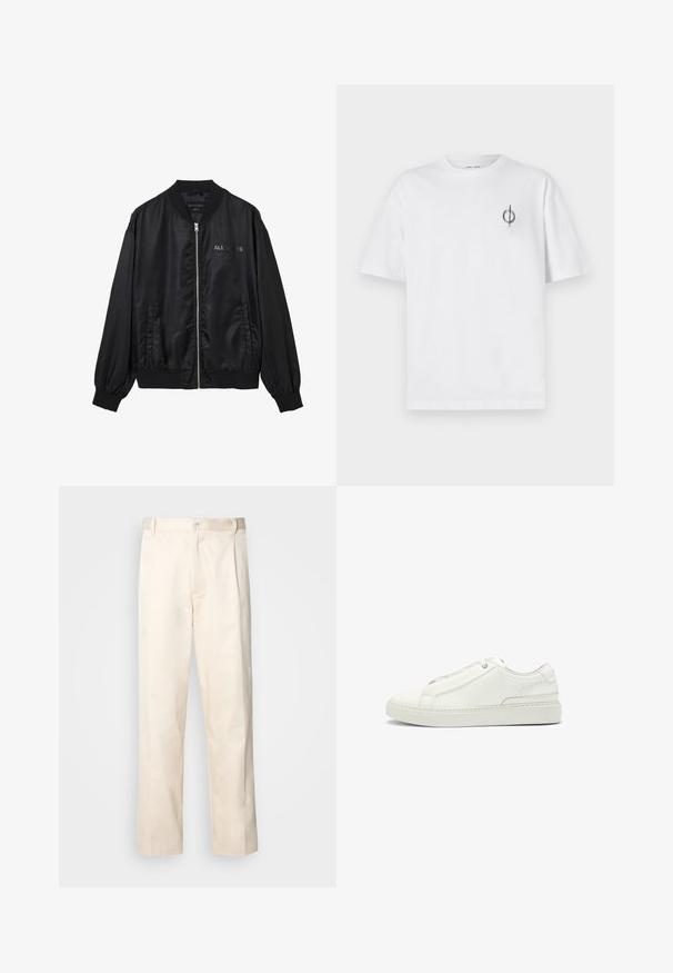 Giacca bomber nera in satin con zip frontale, colletto e polsini a costine, tasche laterali e logo "ALLSAINTS" discreto sul petto.; T-shirt in cotone bianco con vestibilità rilassata, presenta un piccolo logo grafico nero nella zona sinistra del petto. Maniche corte, collo a giro.; Pantaloni in cotone beige con taglio dritto, dotati di chiusura a bottone e pence sul davanti per un tocco di dettaglio in più.; Sneaker bianca in pelle con tomaia testurizzata, punta tonda, design minimalista e suola in gomma con dettagli cuciti.