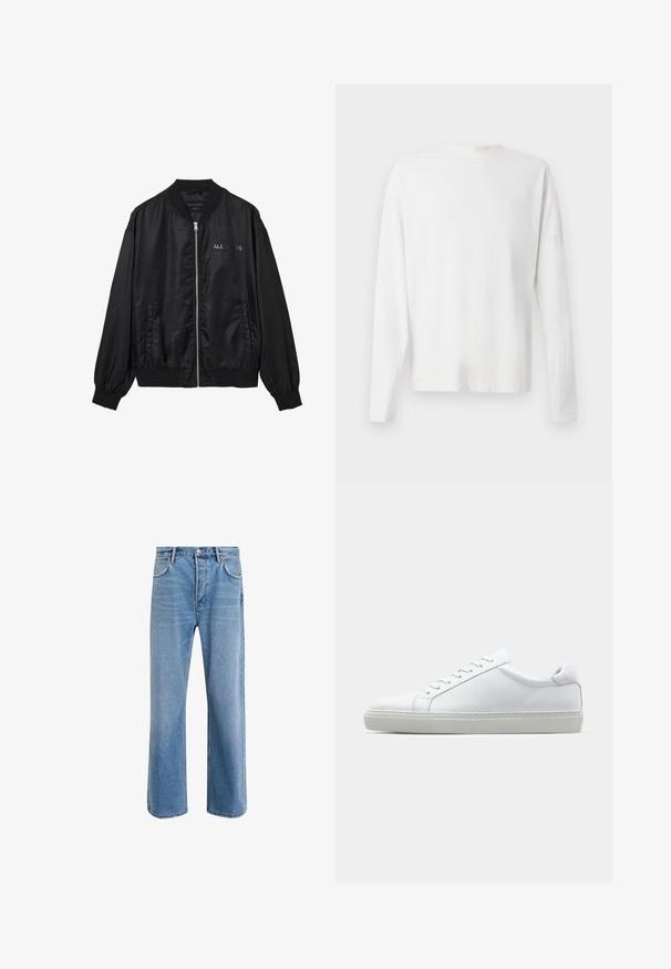Must mustrida bomber jakk, millel on ees zipp, ribiga krae ja mansetid, küljetaskud ning diskreetne "ALLSAINTS" logo rinnal.; Pikad varrukad, valge puuvillane särk ümmarguse kaelusega, külgedel lõhikud all ja sile tekstuur, nähtav tagant.; Heledad sinine teksapüksid otse lõikega, viie taskuga, nupuga sulgemine, minimaalne kulumine ja kontrastsed õmbluse detailid.; Valge tennisetoss, millel on sile nahk pealis ja madal profiil. Omab ümarat ninaosa, kuut silmust ja tekstuuriga kummist talda.