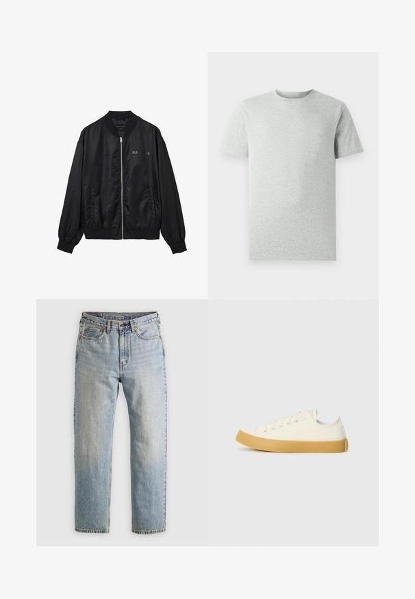 Črn satenski bomber jopič z zadrgo na sprednji strani, rebrastim ovratnikom in manšeti, stranskimi žepi ter subtilnim logotipom "ALLSAINTS" na prsih.; Enostavna svetlosiva kratka majica s kratkimi rokavi in krožnim ovratnikom, prikazana na belem ozadju, sprednji pogled brez vidnih logotipov ali vzorcev.; Zeleni flanelast srajc s karirastim vzorcem, ki vsebuje modre, bele in gorčične rumene črte. Z gumbi zapnjen sprednji del in usmerjen ovratnik. Dolgi rokavi.; Svetlo modri džins hlače z visokim pasom, sprednjim gumbom, zadrgo in petimi žepi, laid flat na nevtralni podlagi.; Platnene superge v off-white barvi z okroglim nosom, z bež gumijastimi podplati in petimi odprtinami za vezalke, z zrnato površino na zgornjem delu.