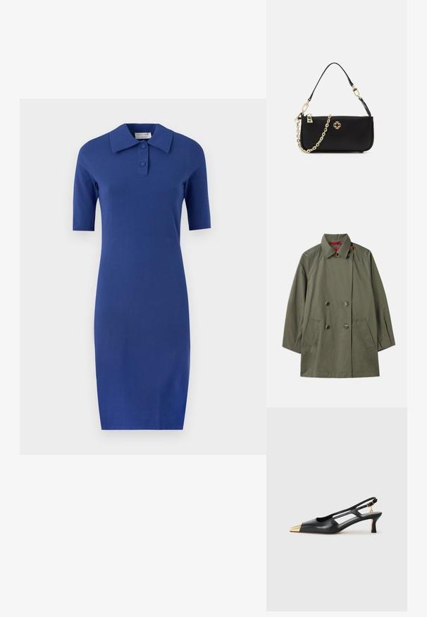 Olivroheline kahekordne ülikond, millel on krae, kaks eesmist taskut ja kontrastne punane vooder. Valmistatud siledast kangast, millel on mugav lõige.; Lühikeste varrukate ja krae ning helesinise värviga kleit, mis on valmistatud siledast trikotaazist. Sellel on slim fit lõige ja minimalistlik disain, millel on kaks nuppu krael.; Must must kottislingidega must nahkne king, millel on terav varvas ja kuldne metallist kapuuts. Omab lõikekujundust ning peaõhuke konts koos reguleeritava rihmaga.; Must märk musta käekott sileda tekstuuriga, millel on kuldne kett ja lukuga kinnitamine ning esiküljel dekoratiivne kuldne embleem.