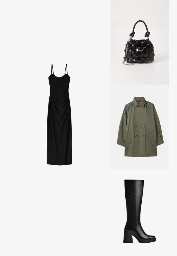 Olijf groene dubbelbreasted jas met een kraag, twee voorzakken en een contrasterende rode binnenkant. Gemaakt van een gladde stof met een relaxte pasvorm.; Zwart midi-jurk met dunne verstelbare bandjes, voorzien van een gedrapeerd ontwerp en een gladde textuur. Geen zichtbare patronen of versieringen.; Zwarte knie-hoge laars van gestructureerd synthetisch materiaal, met een vierkante neus, chunky hoge hak en een glad, gestroomlijnd oppervlak.; Zwarte pailletten mini handtas met een geknoopte textuurriem en zilveren ketting. Rondvormig met een geplooide bovenkant en reflecterende details.