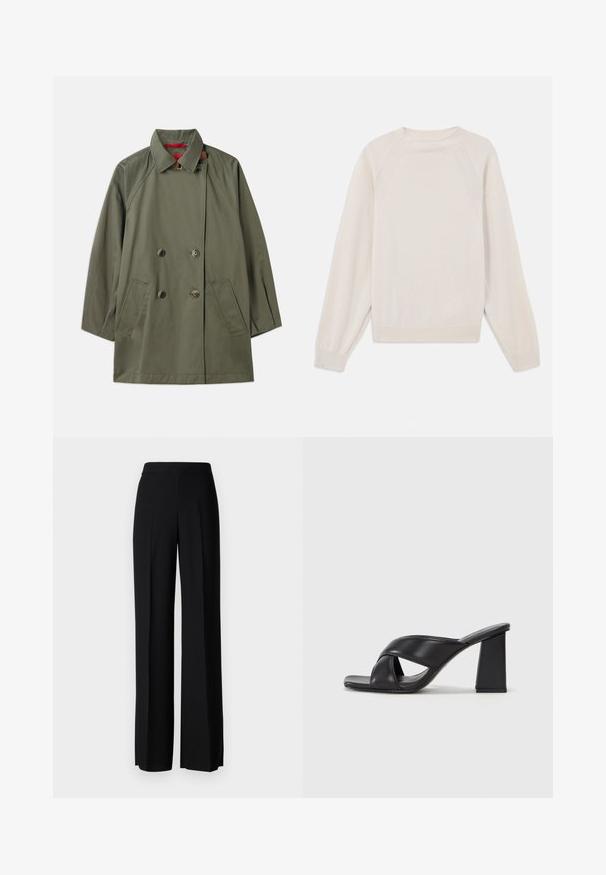 Cappotto doppiopetto verde oliva con colletto, due tasche frontali e interno rosso a contrasto. Realizzato in tessuto liscio con una vestibilità comoda.; Maglione chiaro in crema realizzato in morbido tessuto a maglia. Presenta un collo rotondo, maniche lunghe e polsini e orlo a coste, con un design delle maniche raglan.; Pantaloni neri a gamba larga con una texture liscia, dotati di una vita alta e pieghe centrali. Nessun motivo visibile o dettagli in metallo.; MAX&Co. SOHO - Sandali con tacco - schwarz