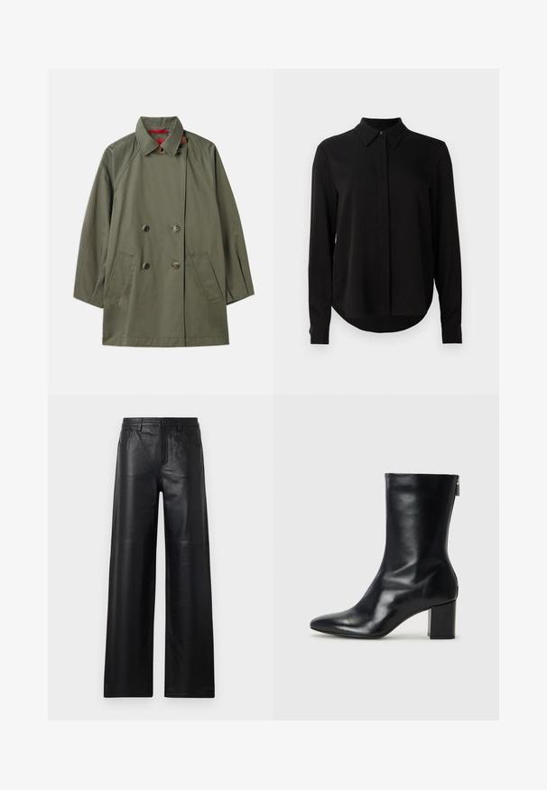 Olivovo zelený dvojradový kabát s golierom, dvoma prednými vreckami a kontrastným červeným interiérom. Vyrobený z hladkej tkaniny s voľným strihom.; Čierna blúzka s dlhým rukávom, špicatým golierom, skrytou gombíkovou légou a zakriveným lemom na jasne bielom pozadí.; Čierne kožené nohavice s širokými nohavicami a hladkou textúrou, s prednými vreckami, zapínaním na gombík a jemnými švovými detailmi.; Čierne kožené členkové topánky s špicatou špičkou a blokovým podpätkom vysokým 4 cm. Elegantný dizajn obsahuje bočný zips pre jednoduché obúvanie. Hladká textúra.