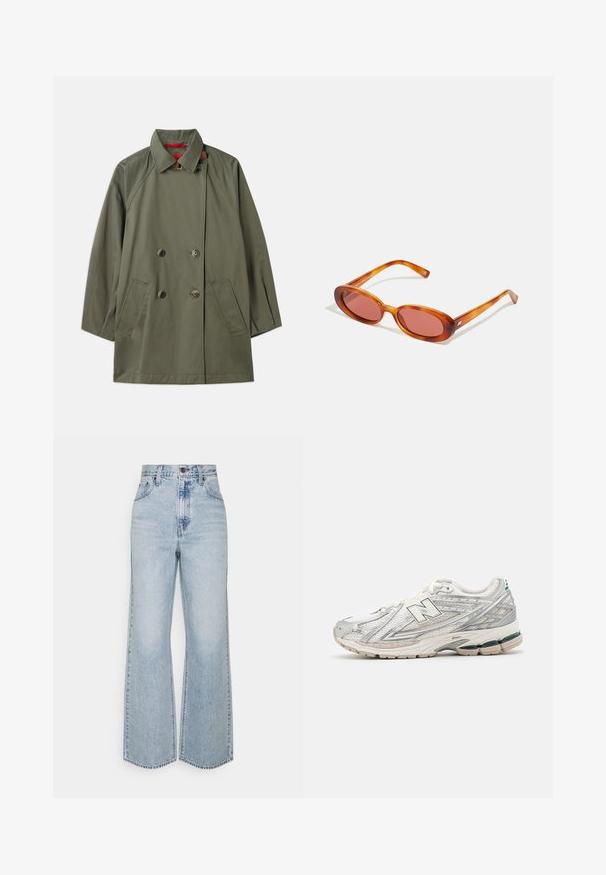 Olivgrüner, doppelt geknöpfter Mantel mit Kragen, zwei vorderen Taschen und kontrastierender roter Innenseite. Hergestellt aus glattem Stoff mit lockerer Passform.; Weißes Baumwoll-T-Shirt mit kurzen Ärmeln, Rundhalsausschnitt, lässiger Passform, glatter Textur und ohne sichtbare Muster oder Akzente.; Helle blaue Jeans im weiten Schnitt mit hoher Taille, klassischem Fünf-Taschen-Design und kontrastierenden Nähten. Unfinished Saum am unteren Ende.; Laufschuh mit einem silbernen und weißen Mesh-Obermaterial und grünen Akzenten. Die Sohle ist dick und strukturiert, um Dämpfung und Unterstützung zu bieten.; Ovale Sonnenbrillen mit transparenten orangen Rahmen und getönten Gläsern. Elegantes Design mit schlanken Bügeln, die dezente Branding-Details aufweisen.