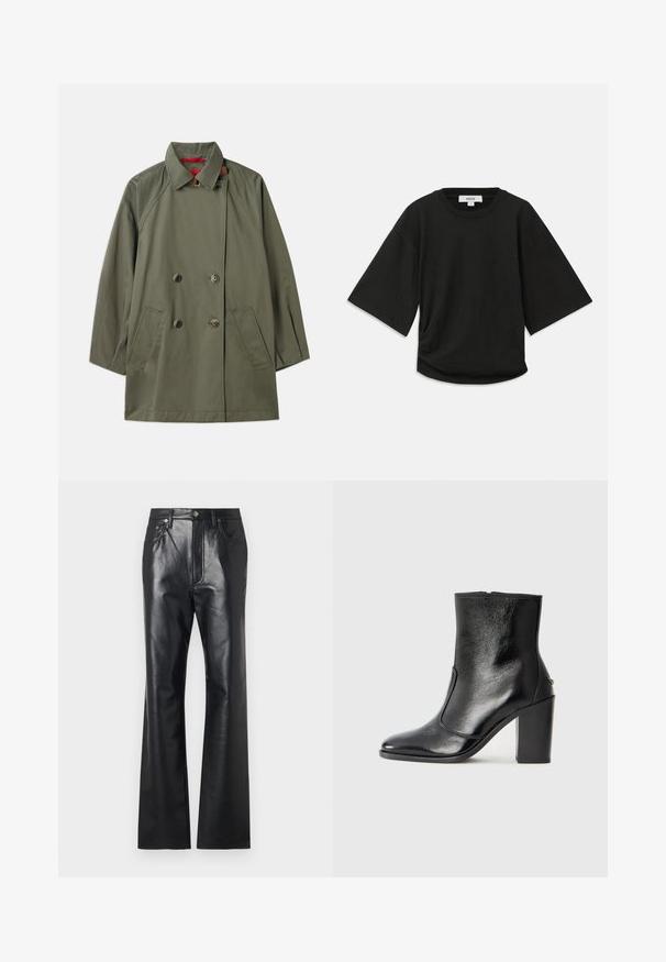 Olivgrüner, doppelt geknöpfter Mantel mit Kragen, zwei vorderen Taschen und kontrastierender roter Innenseite. Hergestellt aus glattem Stoff mit lockerer Passform.; Schwarzes T-Shirt mit kurzen Ärmeln aus weichem Baumwollmaterial, mit rundem Halsausschnitt und einer lockeren Passform, die an der Seite eine dezente Raffung aufweist.; Schwarze Lederhose mit glatter Textur, ausgestelltem Bein design, Frontreißverschluss und Gürtelschlaufen. Mit dezenten Steppnähten.; Schwarze Leder-Stiefelette mit glatter Textur, spitzem Fuß und klobigem hohen Absatz. Verfügt über eine seitliche Öffnung und ein minimalistisches Design.