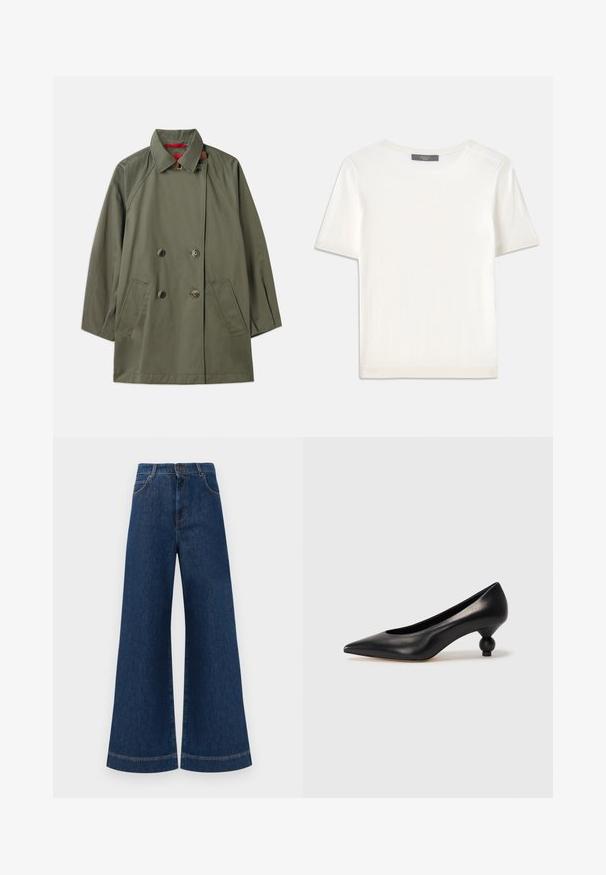 Cappotto doppiopetto verde oliva con colletto, due tasche frontali e interno rosso a contrasto. Realizzato in tessuto liscio con una vestibilità comoda.; Top corto a maniche corte di colore bianco, in maglia, con scollatura rotonda. Presenta una texture liscia e accenti a coste sottili sulle maniche e sull'orlo.; Jeans in denim blu a gamba larga con vita alta, dotati di chiusura a bottone, passanti per cintura e dettagli di cucitura sottili lungo le tasche e i orli.; Scarpa con tacco alto in pelle nera, con punta affilata e tacco arrotondato e bombato. Texture liscia con un design elegante e minimalista.