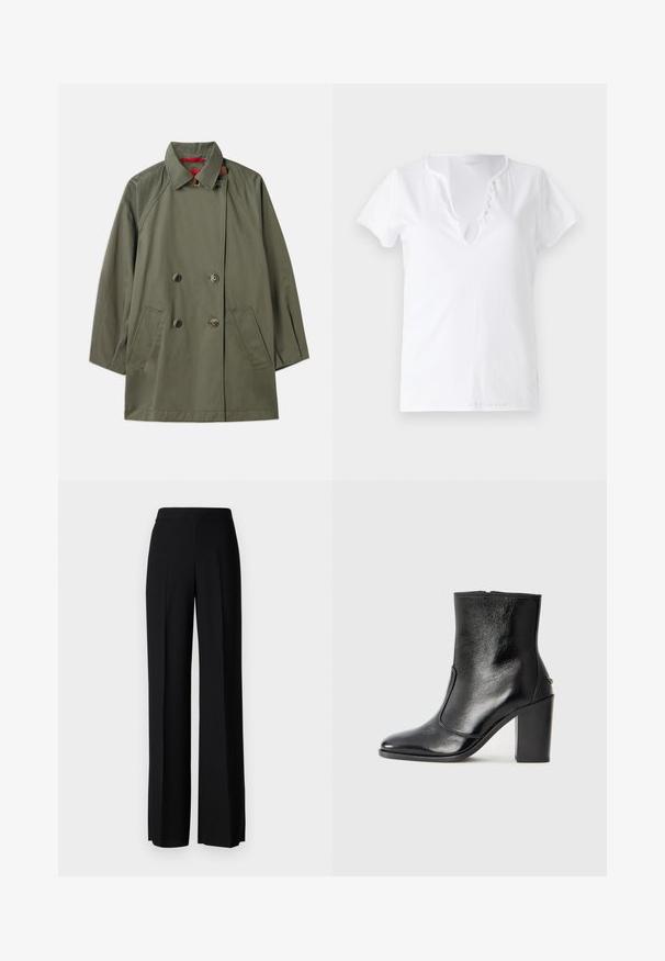 Maslinzasto zeleni kaput s dvostrukim kopčanjem, ovratnikom, te dva prednja džepa i kontrastnom crvenom unutrašnjošću. Izrađen od glatkog materijala s ležernim krojem.; Bijela pamučna majica kratkih rukava, opuštenog kroja i V-izrezom s pločicom koja sadrži pet dekorativnih gumbića.; Crne široke hlače s glatkom teksturom, s visokim strukom i središnjim pregibima. Nema vidljivih uzoraka ili hardverskih detalja.; Crna kožna čizma do gležnjeva s glatkom teksturom, špicastim vrhom i debelim visokim potpeticama. Ima bočni otvor i minimalistički dizajn.