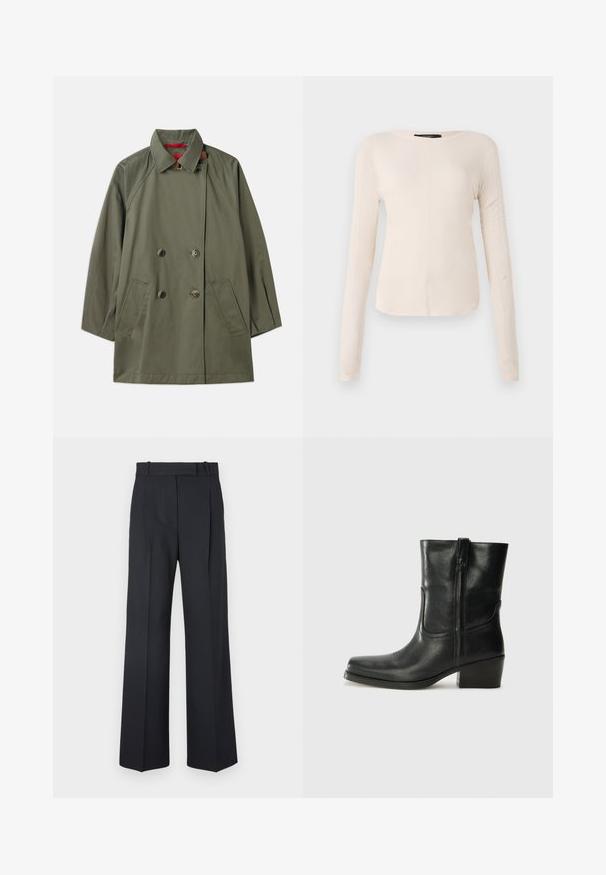 Alyvuogių žalia dvigubas užsegamas paltas su apykakle, dviem priekinėm kišenėm ir kontrastingu raudonu pamušalu. Pagamintas iš glotnaus audinio ir laisvo kirpimo.; Ilgesnių rankovių, šviesiai bežinis viršus su apvaliu iškirpimu. Pagamintas iš minkštos medžiagos, turi centrinę siūlę ir šiek tiek kreivą apatinių kraštų liniją. Matomų detalių nėra.; Tamsiai mėlynos juostelės kelnės su aukštu liemeniu, plačiomis kojomis ir be matomų detalių ar puošmenų. Sklandus audinys ir pritaikytas siluetas.; Juodi odiniai aulinukai iki kulkšnies su apvali nosimi, blokuotais kulnais, šonine užtrauktuku ir siuvimo akcentais ant viršutinės dalies. Lygi tekstūra, klasikinis dizainas.