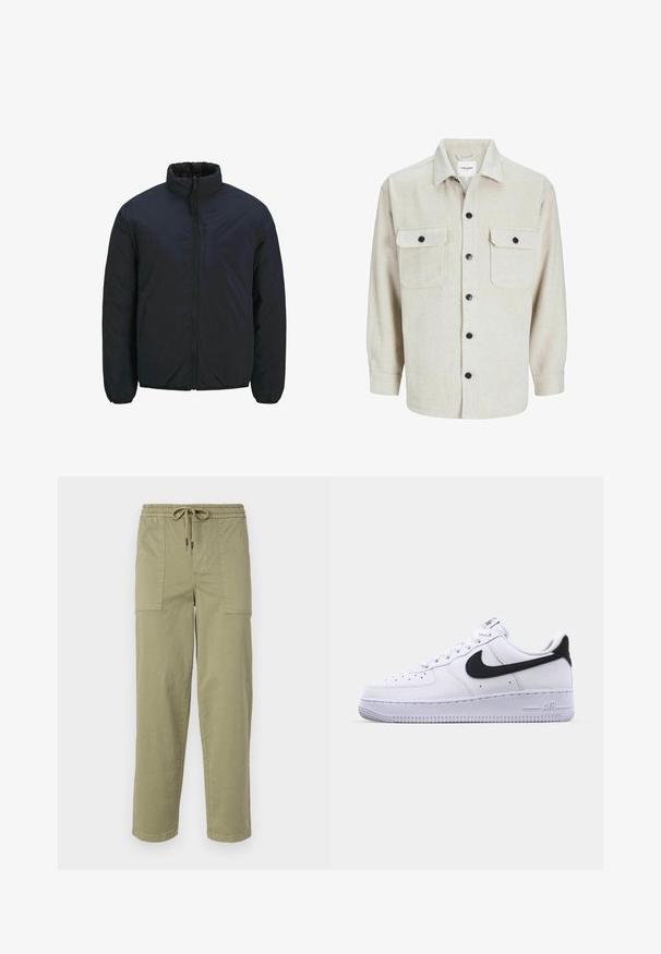 Black insulated jacket with a high collar, front zipper, and elastic cuffs. Smooth surface texture, lightweight design. One chest pocket.; Beige flannel shirt with a collared neckline, featuring two chest pockets, black buttons, and long sleeves with buttoned cuffs.; Light olive green pants made of cotton blend fabric, featuring an elastic waistband with drawstring, and two large side pockets.; White leather sneaker with a textured black Swoosh, flat laces, and a rubber sole featuring a ridged pattern. "AIR" is embossed on the heel.