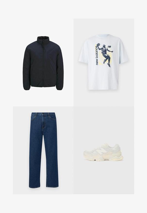 Czarna kurtka ocieplana z wysokim kołnierzem, przednim zamkiem błyskawicznym i elastycznymi mankietami. Gładka tekstura powierzchni, lekka konstrukcja. Jedna kieszeń na piersi.; Jasnoniebieska bawełniana koszulka z krótkim rękawem z ciemnym wizerunkiem koszykarza oraz tekstem "new balance" w kontrastowych kolorach.; Granatowe dżinsy prostego kroju z kieszeniami z przodu i zapięciem na guzik, zaprezentowane na jednolitym białym tle.; Lekki sneakers z siateczkową i zamszową cholewką w delikatnych kremowych odcieniach, z masywną podeszwą i trójwymiarowymi akcentami.