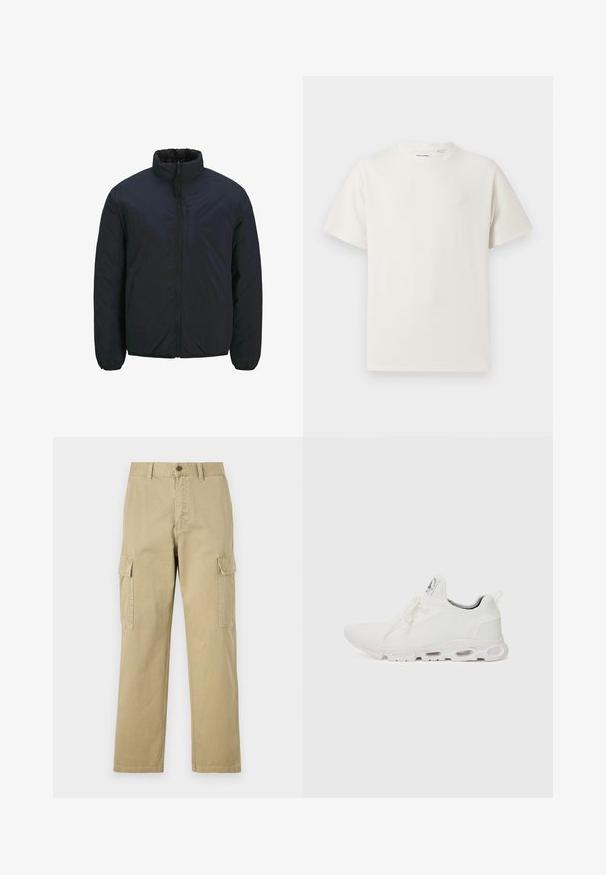 Črna izolirana jakna z visokim ovratnikom, sprednjim zadrgo in elastičnimi manšetami. Gladka površinska struktura, lahka zasnova. Ena prsna žep.; Bela majica s kratkimi rokavi iz rebraste tkanine. Okrogli izrez, sproščen kroj, brez vidnih vzorcev ali naglasov. Preprosta in vsestranska zasnova.; Bež hlače s cargo krojem iz bombaža, z dvema stranskima žeparm, gumbom za zapiranje in ravnimi nogavicami iz rahlo teksturirane tkanine.; Bela atletska obuća z značilnom pletenom gornjom stranom, ravnim vezicama i podlogom s jastučićem koja ima vidljive zračne komore za dodatnu potporu.