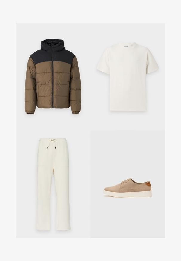 Puhast jakna s črno kapuco in zgornjim delom ter rjavim telesom, izdelano iz teksturiranega blaga z vidnimi šivi in elastičnimi manšetami.; Bela majica s kratkimi rokavi iz rebraste tkanine. Okrogli izrez, sproščen kroj, brez vidnih vzorcev ali naglasov. Preprosta in vsestranska zasnova.; Kremne barve rebraste trenirke z elastičnim pasom na vezanje, ki imajo dve stranski žepi in ravno krojeno nogavico.; Bež tkanine usnjene superge z zaobljenim nosom, vezalkami na sprednji strani in teksturiranim zadnjim detajlom. Belo gumijasto podplato zagotavlja kontrast. Enostaven in sodoben dizajn.