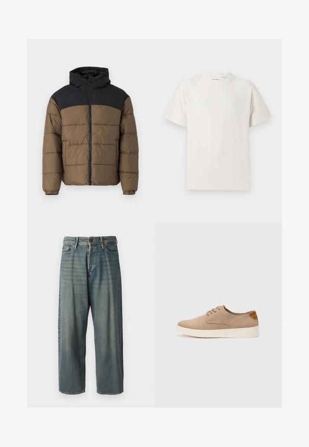 Casaco puffer com capuz preto e parte superior, corpo castanho, feito de tecido texturizado com costuras visíveis e punhos elásticos.; T-shirt branco de manga curta em textura canelada. Gola redonda, ajuste descontraído, sem padrões ou detalhes visíveis. Design simples e versátil.; Jeans de ganga azul claro com um corte solto, cintura média e pernas retas. Apresenta cinco bolsos, passadores de cinto e fecho com botão.; Sapatilhas de camurça bege com bico arredondado, fecho de atacadores na parte da frente e um detalhe texturizado na parte de trás. A sola de borracha branca proporciona contraste. Design simples e moderno.