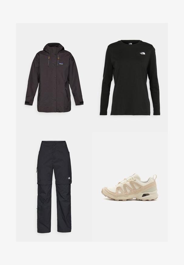 Melna ūdensizturīga jaka ar kapuci, spiedpogām un auklu. Iekļauj sānu kabatas un faktūrētu audumu ar logotipa akcentu.; Melnas garām piedurknēm T-krekls, izgatavots no kokvilnas ar apaļu kaklu. Tam ir mazs balts logo kreisajā krūtīs. Vienkāršs dizains un piegulums.; Melni nailona bikses ar noņemamām kājām, regulējamiem uzmavām, vairākām kabatām un logotipu uz labās kājas. Gluda, viegla tekstūra.; Beige un krēma sporta apavi ar strukturētu tīkla virsmu, atbalstošajiem slāņiem un gumijas zoli ar protektoru rakstu, kas nodrošina saķeri.