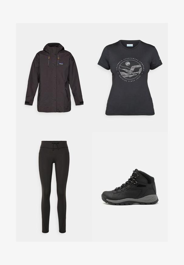 Casaco impermeável preto com capuz, botões de pressão e cordão. Apresenta bolsos laterais e tecido texturizado com um detalhe de logo.; T-shirt preto da Columbia com arte em linha branca circular representando montanhas e rios, e o texto "Columbia Sportswear Company Outside Since 1938."; Leggings pretos com uma cintura alta, cordão, textura suave e design ajustado. Apresentam detalhes de costura ao longo das laterais.; Bota de caminhada preta com design de cano médio, apresentando um upper texturizado, detalhes cinzentos e sola de borracha durável com cravos de tração.