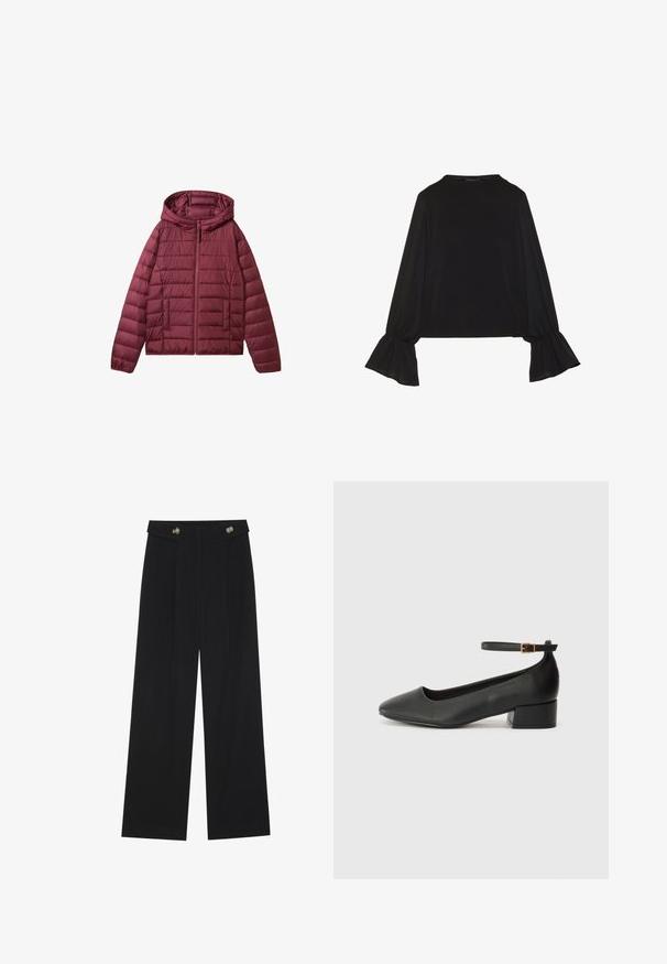 Giacca a vento bordeaux con chiusura a zip, cappuccio e design trapuntato. Presenta tasche frontali e una texture liscia e leggera.; Maglietta nera a maniche lunghe con polsini svasati, texture morbida e vestibilità rilassata, con un semplice collo rotondo.; Pantaloni neri a gamba larga con vita alta, dettagli con bottoni in vita e pieghe frontali.; Pump in pelle nera con punta affusolata e tacco basso a blocco. Presenta una cinghia alla caviglia con una fibbia in tonalità oro. Texture liscia.