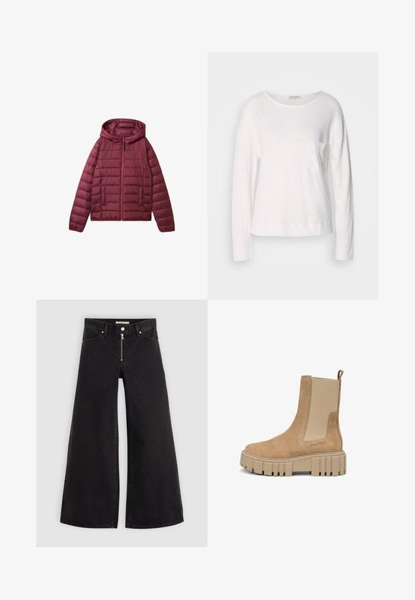 Bordeaux pufferjack met ritssluiting, capuchon en doorgestikt ontwerp. Bevat voorzakken en een gladde, lichte textuur.; Lange mouw witte top van lichtgewicht, textuurstof met een ronde halslijn en een klein borstzakje. De zoom bevindt zich op heuphoogte.; Wijdvallende jeans van zwarte denim met een ritssluiting aan de voorkant, vijf zakken en subtiele stikdetails. Soepele textuur en casual stijl.; Tan suède enkellaarsjes met beige elastische zijpanelen en een dikke, geribbelde zool. Voorzien van een aantrekloopje aan de achterkant en een reliëf logo detail.
