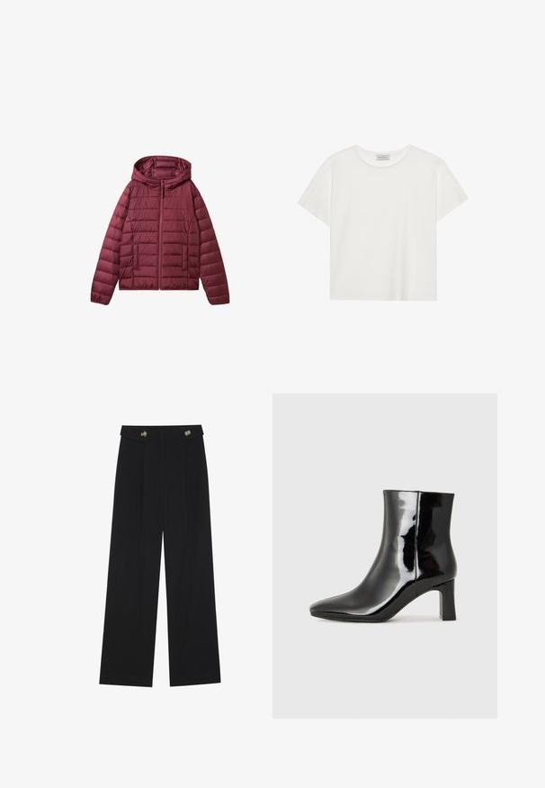 Giacca a vento bordeaux con chiusura a zip, cappuccio e design trapuntato. Presenta tasche frontali e una texture liscia e leggera.; T-shirt bianco a maniche corte realizzato in morbido cotone. Presenta un collo rotondo e una vestibilità comoda. Design pulito senza modelli o dettagli visibili.; Pantaloni neri a gamba larga con vita alta, dettagli con bottoni in vita e pieghe frontali.; Stivaletto in pelle verniciata nera con punta a punta e tacco a blocco di altezza media. Texture liscia e design minimalista.