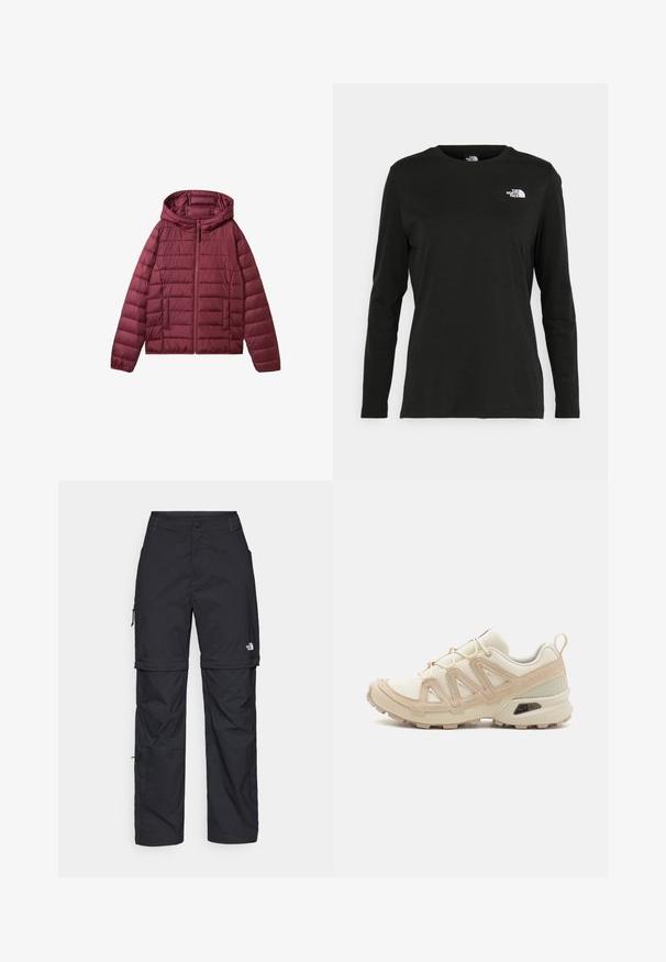 Giacca a vento bordeaux con chiusura a zip, cappuccio e design trapuntato. Presenta tasche frontali e una texture liscia e leggera.; T-shirt nera a maniche lunghe in cotone con colletto rotondo. Presenta un piccolo logo bianco sul lato sinistro del petto. Design semplice e vestibilità comoda.; Pantaloni cargo in nylon nero con zip rimovibile, polsini regolabili, molteplici tasche e un logo sulla gamba destra. Tessuto liscio e leggero.; Scarpa atletica beige e crema con tomaia in mesh testurizzato, sovrapposizioni supportive e suola in gomma con un motivo a tasselli per la trazione.