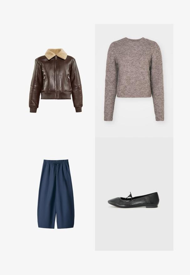 Hnedá kožená bomber bunda s béžovým kožušinovým golierom, rebrovanými manžetami, dvoma zipsovými bočnými vreckami a predným zipsom.; Svetlohnedý, skrátený sveter s dlhými rukávmi, okrúhlym výstrihom a textúrovanou pleteninou. Bez viditeľných vzorov alebo hardvérových detailov.; Námornícke modré šortky z hladkého materiálu, s elastickým pásom na šnúrku a dvoma bočnými vreckami. Voľný strih, dĺžka po kolená.; Čierne kožené baletky s špicatou špičkou, textúrovaným povrchom a malou mašľou na priehlavku. Nízky, plochý opätok.