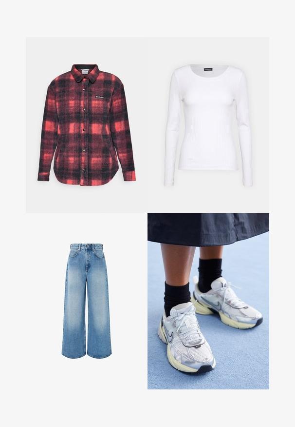 Rdeče in črne karirane flanelaste srajce z gumbi na sprednji strani, dolgimi rokavi in zaobljenim robom. Na prsih ima znak Columbia.; Bela rebrasta majica z dolgimi rokavi in okruglim izrezom. Narejena iz elastičnega materiala, ki se prilega telesu. Značilen je diskreten horizontalni potisk.; Svijetloplave široke traperice izrađene od denima, s visokim strukom, gumbom za zatvaranje, suptilnim izblijeđivanjem i urednim rubovima.; Bele in srebrne Nike teniske z mrežasto tkanino, refleksnimi poudarki in bež podplatom. Nosi se z črnimi nogavicami, stoji na modri površini.