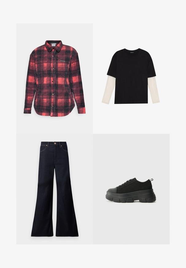 Piros és fekete kockás flaneling, gombos elülső résszel, hosszú ujjakkal és kerekített hem-el. A mellkason található a Columbia logó.; Fekete pamut póló, rövid ujjal, fehér hosszú ujjú réteg fölött, finom textúrával. Kerek nyakkivágású dizájn.; Sötétkék, bő szabású farmernadrág. Jellemzői közé tartozik az elöl gombos záródás, réz kiegészítők, és a kontrasztos öltések az varratok mentén.; Fekete sportcipők vastag gumitalppal, texturált szövet felsőrésszel, kerek orral és fűzős kialakítással. Megerősített fűzőlyukakkal és hátsó húzófüllel rendelkezik.