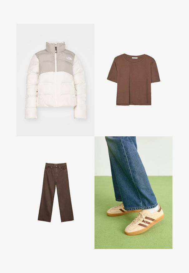 Puffjacka i vitt och ljusgrått. Hög krage, dragkedjestängning och elastiska muddar. Har logotypdetalj på bröstet och sidofickor.; Brun kortärmad t-shirt i mjukt tyg, med rund halsringning och avslappnad passform. Inga synliga mönster eller detaljer.; Breda bruna jeans i denim med hög midja, framfickor och klassisk knäppning. Slät textur med subtil sömnad.; Beiga sneakers med strukturerade krämfärgade paneler och bruna ränder, i kombination med blå denimjeans. Jeansarna har vida ben och fransad fåll.