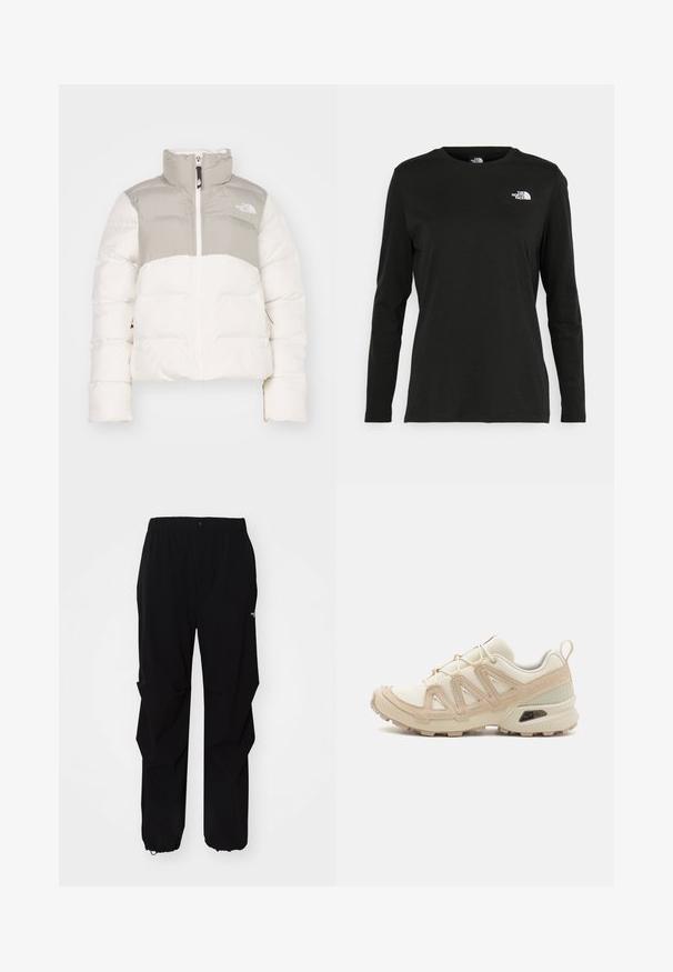 Chaqueta de plumón en blanco y gris claro. Cuello alto, cierre de cremallera y puños elásticos. Presenta un detalle del logo en el pecho y bolsillos laterales.; Camiseta de manga larga negra de algodón con cuello redondo. Presenta un pequeño logotipo blanco en la parte izquierda del pecho. Diseño y ajuste simples.; Pantalones exteriores negros fabricados con material duradero, con un corte holgado, cintura elástica y puños ajustados para longitud regulable.; Zapatilla deportiva beige y crema con parte superior de malla texturizada, superposiciones de soporte y suela de goma con un patrón de tracción.