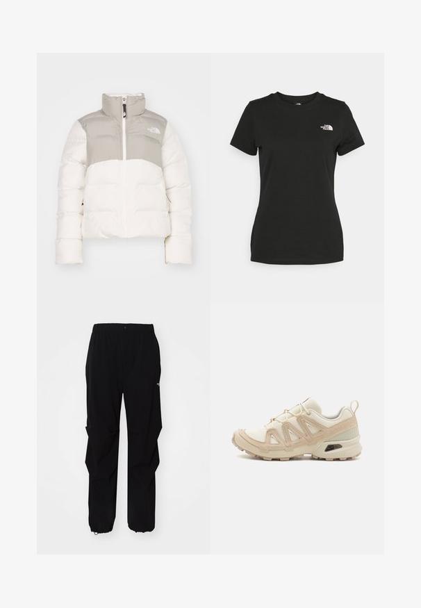 Giacca a vento in bianco e grigio chiaro. Collo alto, chiusura con zip e polsini elasticizzati. Presenta un dettaglio logo sul petto e tasche laterali.; T-shirt in cotone nero con collo a giro e maniche corte. Logo bianco ben visibile sulla parte superiore sinistra. Tessuto liscio, vestibilità casual.; Pantaloni neri da esterno realizzati in materiale resistente, con vestibilità rilassata, cintura elastica e polsini regolabili per lunghezza adattabile.; Scarpa atletica beige e crema con tomaia in mesh testurizzato, sovrapposizioni supportive e suola in gomma con un motivo a tasselli per la trazione.