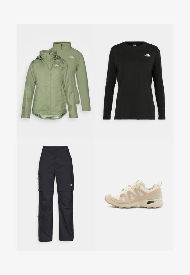 Due giacche verde oliva: un guscio esterno impermeabile con cappuccio e uno strato interno morbido, entrambi con un design semplice e dettagli del logo.; T-shirt nera a maniche lunghe in cotone con colletto rotondo. Presenta un piccolo logo bianco sul lato sinistro del petto. Design semplice e vestibilità comoda.; Pantaloni cargo in nylon nero con zip rimovibile, polsini regolabili, molteplici tasche e un logo sulla gamba destra. Tessuto liscio e leggero.; Scarpa atletica beige e crema con tomaia in mesh testurizzato, sovrapposizioni supportive e suola in gomma con un motivo a tasselli per la trazione.