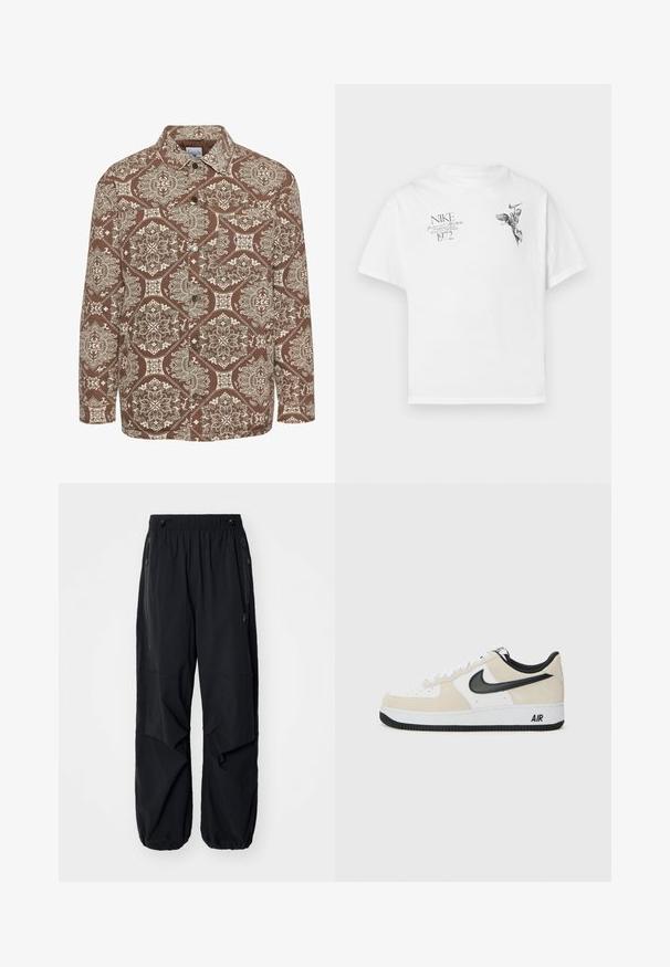 Ruda raštuota marškiniai su sudėtingais baltais raštais, su mygtukų užsegimu priekyje ir apykakle. Pagaminti iš tekstūruoto audinio, su ilgomis rankovėmis.; Balta medvilninė marškinėlių su apvaliu kaklu ir trumpomis rankovėmis, ant kurios yra juodas grafikas sparnuoto figūros ir tekstas.; Juodos lengvos krovininės kelnės su elastinga juosmeniu, šoninėmis užtrauktukais ir erdviomis kišenėmis. Turi laisvą prigludimą ir siaurėjančius rankogalius.; Batai sportui su šviesiai rudos suku ir baltos odos viršutinė dalimi, juodom Nike swoosh detalėm, juodais akcentais ir balta gumine padanga su "AIR" ženklu.