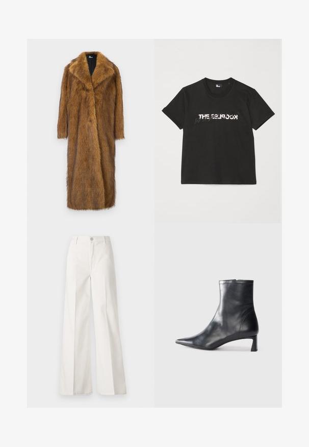 Brun fuskpälsjacka med bred krage, långa ärmar och en rak, knälång design. Har en mjuk, texturerad yta.; Svart bomullströja med korta ärmar, med en tryckt vit och grå "THE 2LOOK" design över framsidan. Klassisk rund halsringning.; Vita vida-byxor gjorda av bomull med en slät textur. Har en framknapp, gylf med dragkedja och fyra fickor.; Svart läder ankelboot med spetsig tå och en smidig design. Har en låg klack och en dragkedjestängning bak. Slät textur.