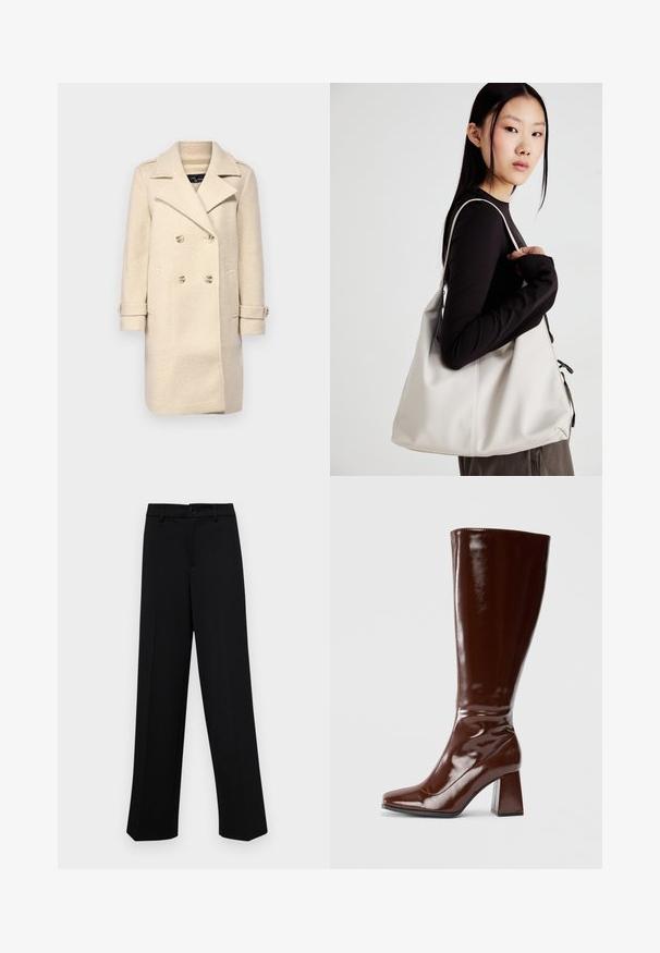 Bežs vilnas maisījuma mētelis, divrindīgs dizains, plaša atlokas, divas priekšējās kabatas un sarullēti piedurknes ar pogu akcentiem. Strukturēta apdare.; Brūns adīts džemperis ar augstu ribotu apkakli, platām piedurknēm un mīkstu tekstūru. Iespējota brīva piegriezuma forma un riboti akcenti uz piedurknēm.; Melnas platajās bikses, kas izgatavotas no gludas auduma, ar klasisku jostu un pogu aizdari, kā arī priekšējām kroku detalizācijām.; Cēloji līdz ceļiem brūni laku ādas zābaki ar kvadrāta purngalu, spīdīgu apdari un masīvu papēdi stabilitātei. Bezšuvju dizains bez redzamām detaļām.; Bežs rokassoma, izgatavota no mīksta materiāla, ar brīvu dizainu, izšūtu apdari un divām plecu siksnām. Piemērota ikdienas lietošanai.