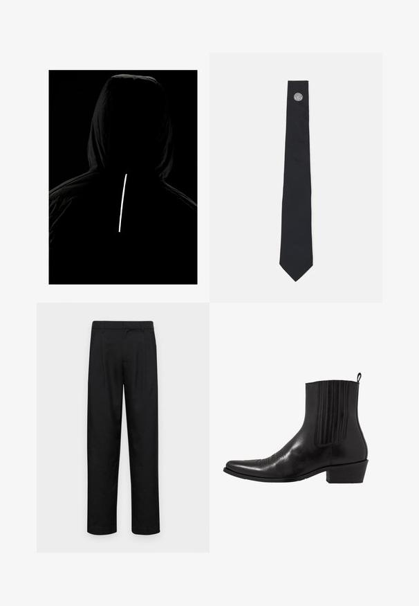 Jachetă neagră cu glugă, realizată dintr-un material texturat; are o dungi verticale reflectorizante pe dos pentru vizibilitate în condiții de iluminare slabă.; Cămașă albă cu mânecă lungă și guler, având o textură netedă și șase nasturi frontali. Croi ajustat cu manșete. ; Pantaloni negri dintr-un material neted, cu un design drept, două pliuri frontale și un tiv standard cu bucle pentru curea.; Cizma de gleznă din piele neagră, cu vârf ascuțit, panouri laterale elastice, accente de cusături verticale și toc bloc mic.; Papion negru dintr-un material neted, cu un capăt ascuțit și un accent circular metalic aproape de vârf. Design simplu, solid, fără modele.