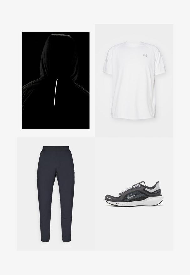 Giacca nera con cappuccio realizzata in un tessuto testurizzato; presenta una striscia verticale riflettente sul retro per una maggiore visibilità in condizioni di scarsa illuminazione.; Maglietta da ginnastica bianca a maniche corte realizzata in tessuto liscio. Presenta un colletto rotondo e un logo grigio sul lato sinistro del petto, con fessure laterali all'orlo.; Pantaloni sportivi neri con una texture liscia, vestibilità slim, vita elastica e tasche laterali. Presentano un piccolo logo sulla coscia sinistra.; Scarpa da ginnastica nera e grigia con tomaia in rete, dettagli riflettenti e intersuola bianca. Presenta una suola in gomma testurizzata e lacci.
