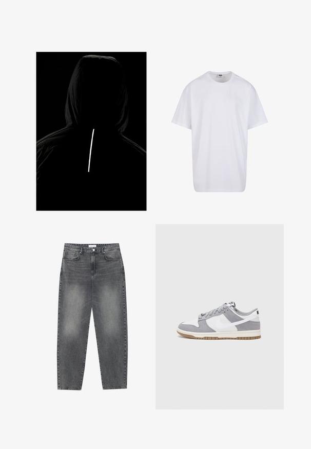 Crna kapuljača jakna s teksturiranim materijalom; sadrži reflektirajući vertikalni pojas na leđima za vidljivost u uvjetima slabog osvjetljenja.; Bijela pamučna majica s kratkim rukavima, zaobljenim izrezom, opuštenog kroja, bez vidljivih logotipa ili uzoraka. Glatka tekstura i minimalni dizajn.; Traperice visokog struka, širokog kroja u izblijedjelom crnom denimu. Imaju pet džepova, petlje za remen, i čist, ravni kroj nogu.; Sivi i bijeli tenisice s gornjištem od antilopa i kože, okruglim vrhom, ravnim vezicama i gumenim potplatom s dodatkom boje gume.