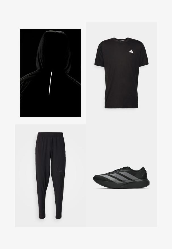 Zwarte capuchonjack met een textuurstof; beschikt over een reflecterende verticale strook op de achterkant voor zichtbaarheid bij weinig licht.; Zwarte katoenen t-shirt met korte mouwen, ronde hals en een wit logo op de linkerkant van de borst. Gladde textuur en eenvoudig ontwerp.; Zwarte sportbroek met een elastische tailleband, taps toelopend ontwerp, zijzakken en subtiele logodetails. Gemaakt van flexibele, ademende stof.; Zwarte sportieve schoenen met een lichtgewicht ontwerp, voorzien van drie opvallende grijze strepen, een gladde textuur en een gevormde zool.