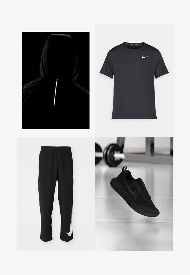 Veste à capuche noire en tissu texturé ; elle présente une bande verticale réfléchissante au dos pour la visibilité dans des conditions de faible luminosité.; T-shirt de course noir Nike en matériau léger et respirant, avec des manches courtes et un petit logo blanc sur la poitrine.; Pantalons de sport noirs avec une ceinture élastique, design fuselé, dotés d'un grand logo Nike blanc sur la jambe gauche. Tissu doux et léger.; Chaussure de sport noire avec une tige en maille texturée, une semelle en caoutchouc et un logo Swoosh sombre proéminent. Elle présente un col rembourré et un système de laçage.
