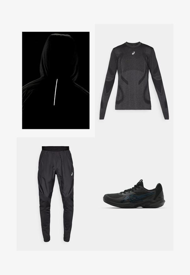 Chaqueta negra con capucha de tejido texturizado; cuenta con una franja vertical reflectante en la parte posterior para mayor visibilidad en condiciones de poca luz.; Camiseta deportiva de manga larga en gris oscuro, con acentos de diseño texturizado en un gris más claro. Cuello redondo con logotipo en el pecho.; Pantalones deportivos negros con una cinturilla elástica, bolsillos laterales y paneles de textura contrastante en las piernas. Logo de Asics en la cadera.; ASICS SOLUTION SPEED FF 3 CLAY - Zapatillas de tenis para tierra batida - black/prism blue