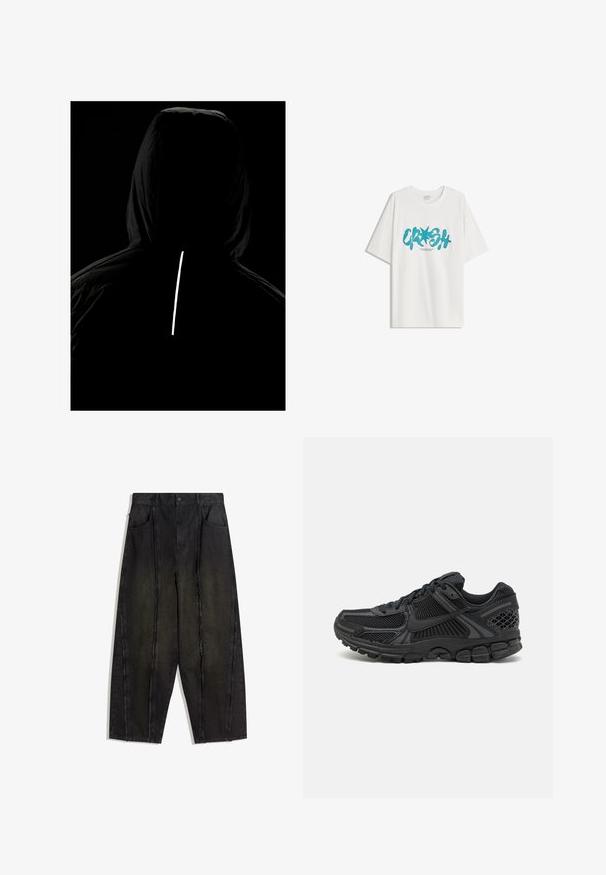 Jachetă neagră cu glugă, realizată dintr-un material texturat; are o dungi verticale reflectorizante pe dos pentru vizibilitate în condiții de iluminare slabă.; Bershka SHORT SLEEVE - Tricou cu imprimeu - white; Pantaloni negri din denim cu picioare largi, cu cusături vizibile și margini desfăcute, având două buzunare frontale și un design cu talie înaltă.; Pantofă sport neagră, cu superior din plasă, talpă din cauciuc și accente texturate. Designul include un sistem de șireturi pronunțat și talpă amortizantă.