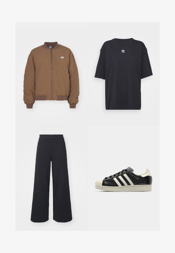 Brūns bumbiera jaka, kas izgatavota no viegla auduma, ar priekšējo rāvējslēdzēju, ribotām piedurknēm un apkakli, ar logotipu kreisajā krūtīs.; Melna kokvilnas t-kreklā ar īsām piedurknēm un apaļu kakla izgriezumu, uz krūtīm ir balta Adidas logo. Vienkāršs dizains, brīvs piegriezums.; Melni platās svārku bikses, izgatavotas no mīksta auduma, ar elastīgu jostas daļu un mazu logotipu kreisajā pusē.; Melna ādas sporta apava ar baltām svītrām, gumijas purngala aizsardzību, melnām auklām un krēma krāsas zoli. Gluda tekstūra ar spīdīgu apdari.