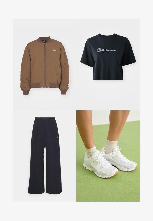 Pruun nahktagi, mis on valmistatud kerge kangast, esiküljel lukuga, soonikkoes mansettide ja kraega, vasakul rinnal logoga.; Lühikeste varrukatega must puuvillane t-särk, millel on ees valge tekst "Vice Sportswear" ja ringikujuline graafika.; Mustad laiad mustad püksid, millel on elastne vöökoht ja väike valge Nike logo. Kanga tekstuur on sile, disainitud mugavuseks ja igapäevaseks kandmiseks.; Valged sportlikud kingad, millel on võrgukangas, kummist tallad ja beežid detailid. Kantud heledate sokkidega rohelisel pinnal.