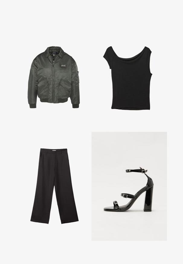 Giacca bomber verde scuro con zip frontale, polsini a coste e due tasche frontali. Presenta un patch con il logo sul petto. Tessuto liscio e lucido.; Top nero a maniche corte realizzato in tessuto liscio; presenta un colletto drappeggiato e un orlo asimmetrico, con una vestibilità aderente.; Pantaloni neri a gamba larga realizzati in tessuto liscio, con zip frontale e due tasche laterali, dal taglio sartoriale e design minimalista.; Sandali con tacco in vernice nera, con punta squadrata, cinturini alla caviglia e fibbie in argento. Presentano un tacco a blocco spesso per maggiore stabilità.