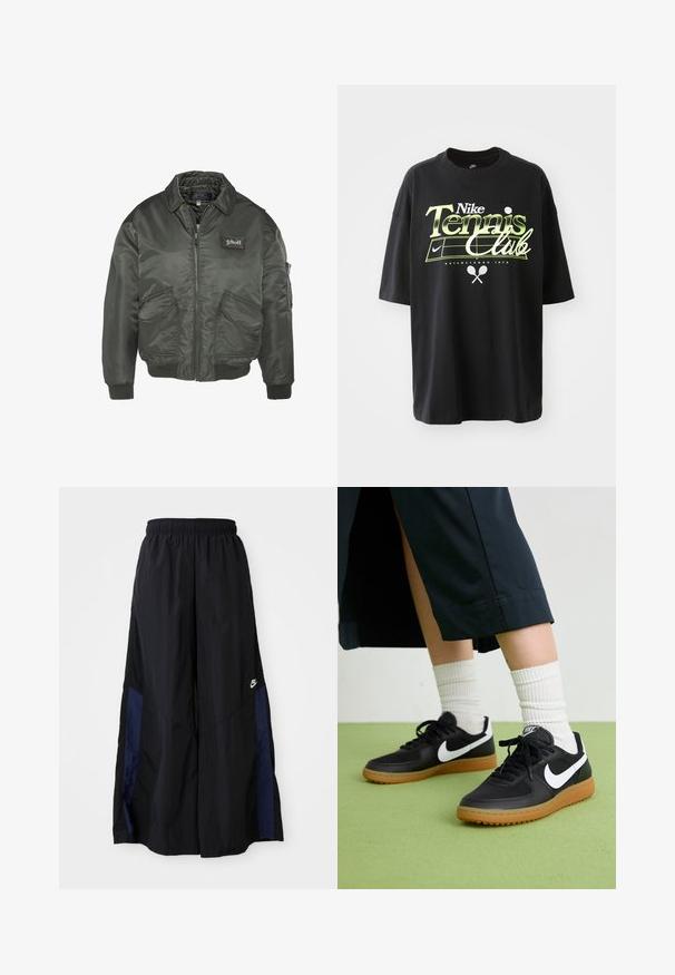 Donkergroene bomberjack met een rits aan de voorkant, geribbelde manchetten en twee voorkanten zakken. Bevat een logo-opdruk op de borst. Soepele, glanzende stof.; Zwarte katoenen t-shirt met korte mouwen, voorzien van groene en witte "Nike Tennis Club" graphic, illustraties van een tennisbal en racket.; Zwarte wijdlopende broek van lichtgewicht stof, met een marineblauwe zijpaneel en een elastische tailleband. Klein wit logo onderaan.; Zwarte leren en synthetische sneakers met witte Nike swoosh, rubberen gumzool, ronde neus en zwarte veters. Geribbelde witte sokken zichtbaar.