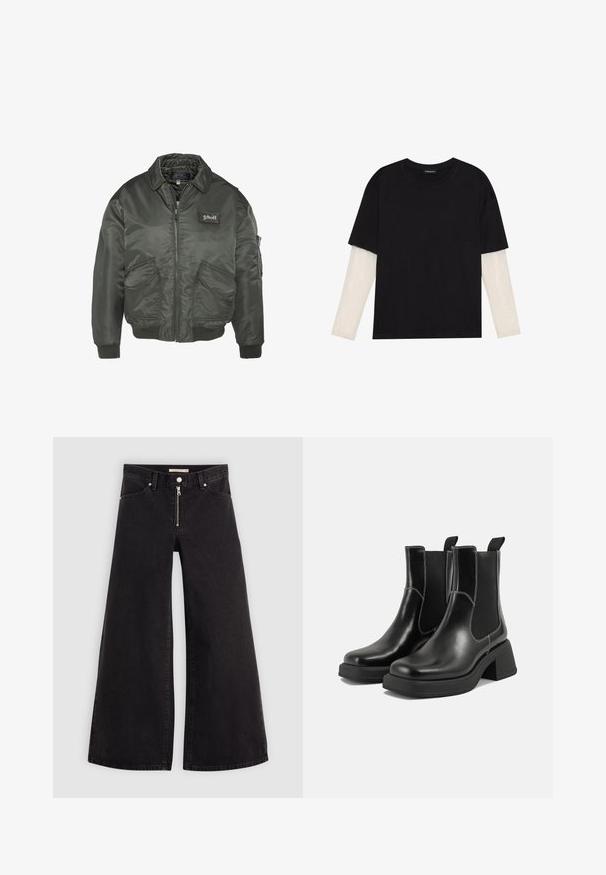 Tumma vihreä konepukujakki, jossa on vetoketju edessä, ribbikudin hihansuut ja kaksi etutaskua. Rinnassa on logopatch. Sileä, kiiltävä kangas.; Mustapaita, joka on valmistettu puuvillasta ja jossa on lyhyet hihat valkoisen pitkähihasen kerroksen päällä, jossa on hienovarainen teksturoitu kuvio. Pyöreä kaula-aukko.; Mustat leveälahkeiset farkut, joissa on vetoketjufrunti, viisi-taskuinen muotoilu ja hienovaraiset ompelusyyt. Sileä pinta ja rento tyyli.; Mustat nahkaiset Chelsea-kengät paksulla korolla, joustavilla sivupaneeleilla ja kontrastilla valkoisella ompelulla. Teksturoitu pinta.