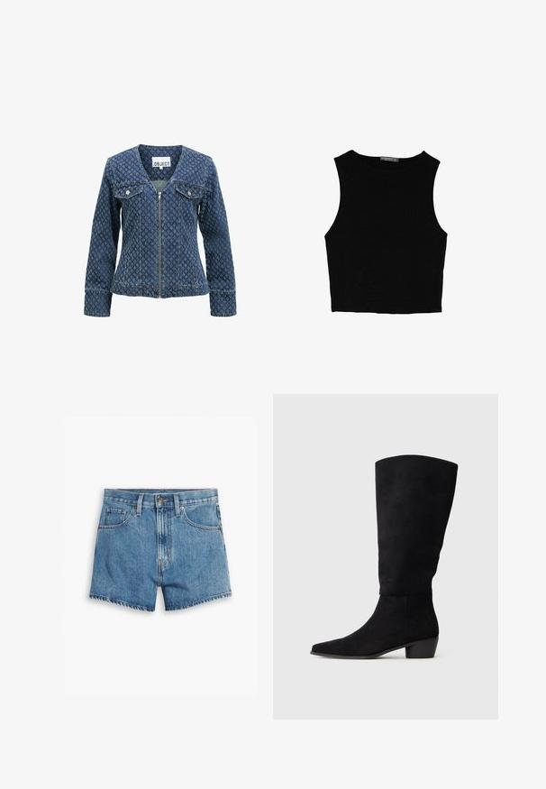 Denimska jakna v temno modri barvi z diskretno vzorčeno teksturo, zadrgo, dvema žepoma na prsih in dolgimi rokavi. Klasična zasnova ovratnika.; Črn brez rokavov crop top, izdelan iz gladkega materiala, z okroglim izrezom in čistim, preprostim dizajnom brez vzorcev ali dodatkov.; Jeans kratke hlače v svetlo modri barvi, z povezavami za pet žepov, zadrgo in gumbom. Rob je razfrcan, oblikovane so v sproščenem kroju.; Črne semiš čevlje do kolen z nizko blok peto in koničastim nosom, prikazani v stranskem pogledu na preprostem svetlo sivem ozadju.