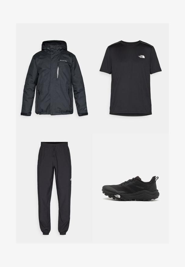 Jachetă neagră, impermeabilă, cu fermoar frontal, glugă și buzunare laterale. Prezintă logo-ul Columbia pe piept și manșete cu arici.; Tricou negru cu mânecă scurtă, realizat dintr-un material ușor. Prezintă un mic logo alb pe pieptul stâng și accente subtile pe umeri.; Pantaloni atletici negri, confecționați dintr-un material ușor, cu un tiv elastic la talie, buzunare laterale și tivuri ajustate la gleznă.; Pantofii de alergare pe teren accidentat, de culoare neagră, cu un superior texturat, talpă din cauciuc și vârf întărit. Prezintă un guler căptușit și o bandă de prindere pentru îmbrăcare ușoară.
