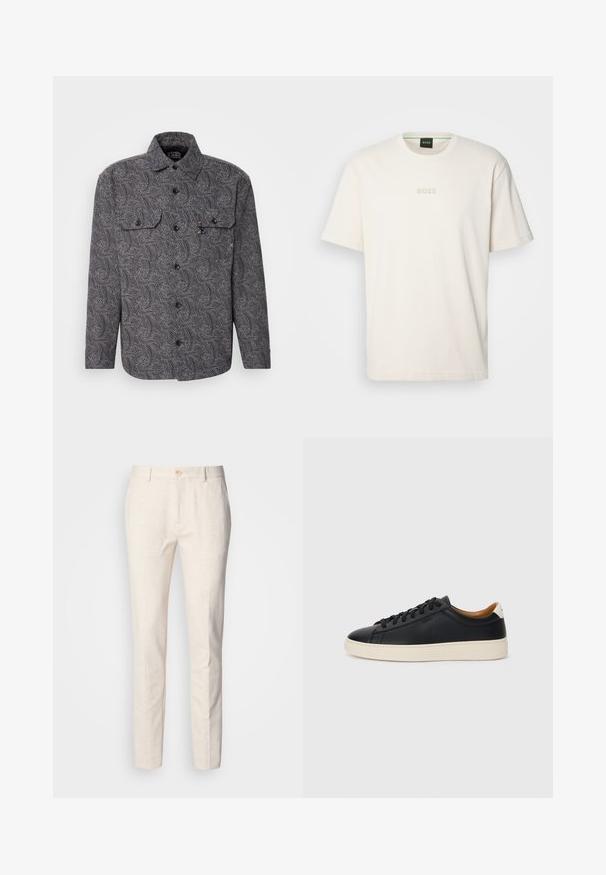 Scotch & Soda OVERSHIRT - Lagana jakna - night; BOSS TEE - Osnovna majica kratkih rukava - open white; Svijetlo bež, krojene hlače napravljene od mekanog materijala. Imaju kopčanje na dugme, petlje za remen i uski, ravni kroj s minimalnom teksturom.; Crne kožne tenisice s glatkom teksturom, bež gumeni đon, dizajn s vezicama i kontrastni detalj na peti.