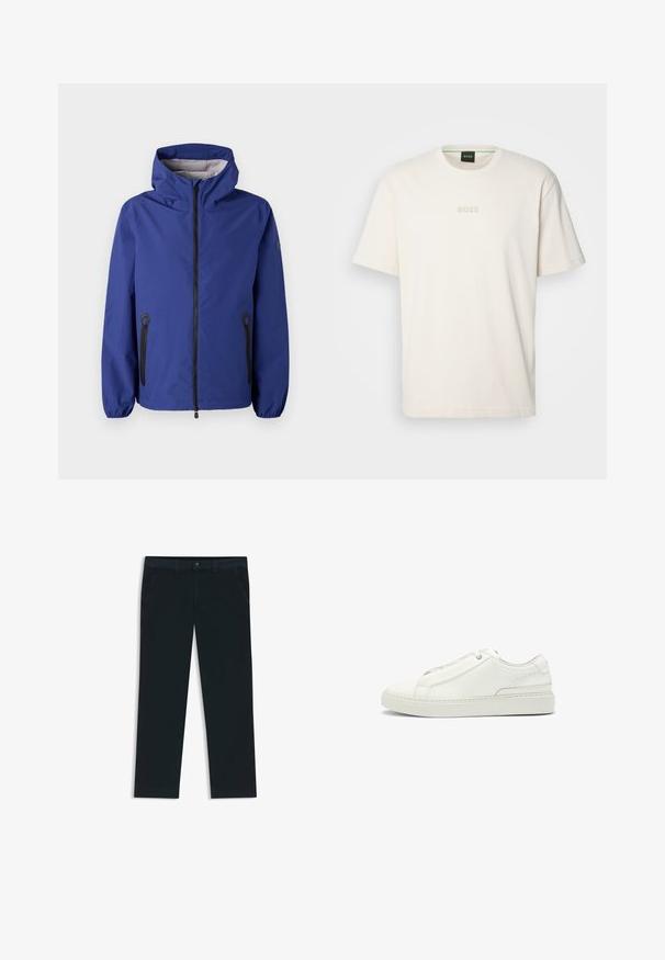 Giacca impermeabile blu con cappuccio, chiusura frontale con zip, polsini elastici e tasche con zip nere. Presenta una foderatura interna testurizzata.; BOSS TEE - T-shirt basic - open white; Chinos di un blu navy scuro realizzati in tessuto misto cotone. Presentano passanti per cintura, tasche frontali e una chiusura con zip e bottone.; Sneaker bianca in pelle con tomaia testurizzata, punta tonda, design minimalista e suola in gomma con dettagli cuciti.